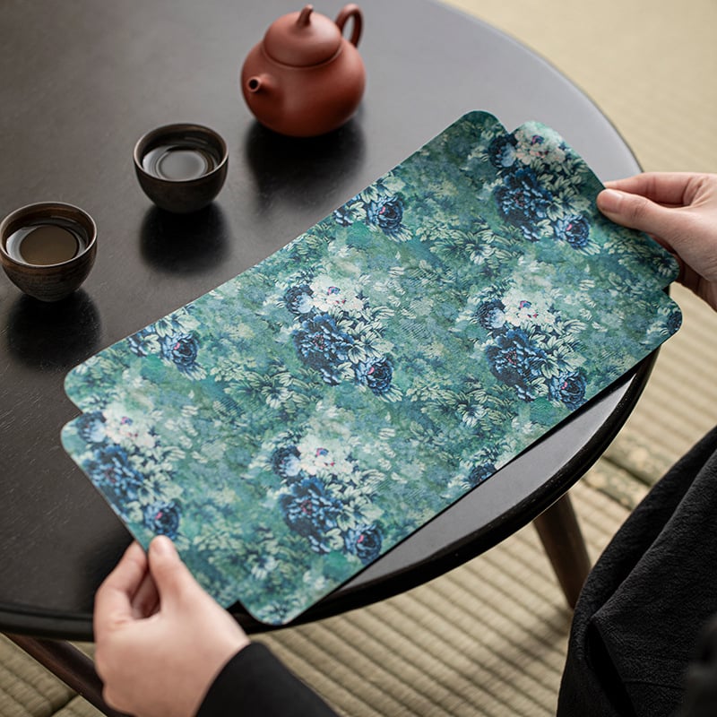 Zen inšpirovaný, absorbujúci a vodeodolný čajový podložka na stôl a podšálka, 42×21 cm, textilné príslušenstvo k čajovému setu