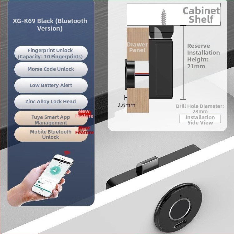 Vložená skriňová zámka s odtlačkom prsta, skrytá montáž, Bluetooth inteligentný zámok pre zásuvky a skrine