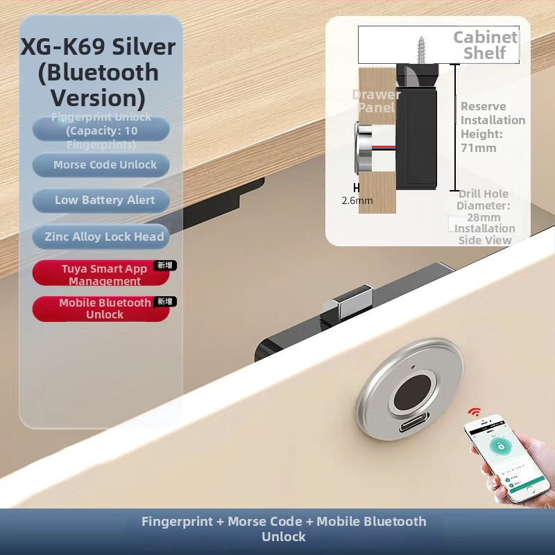 Vložená skriňová zámka s odtlačkom prsta, skrytá montáž, Bluetooth inteligentný zámok pre zásuvky a skrine