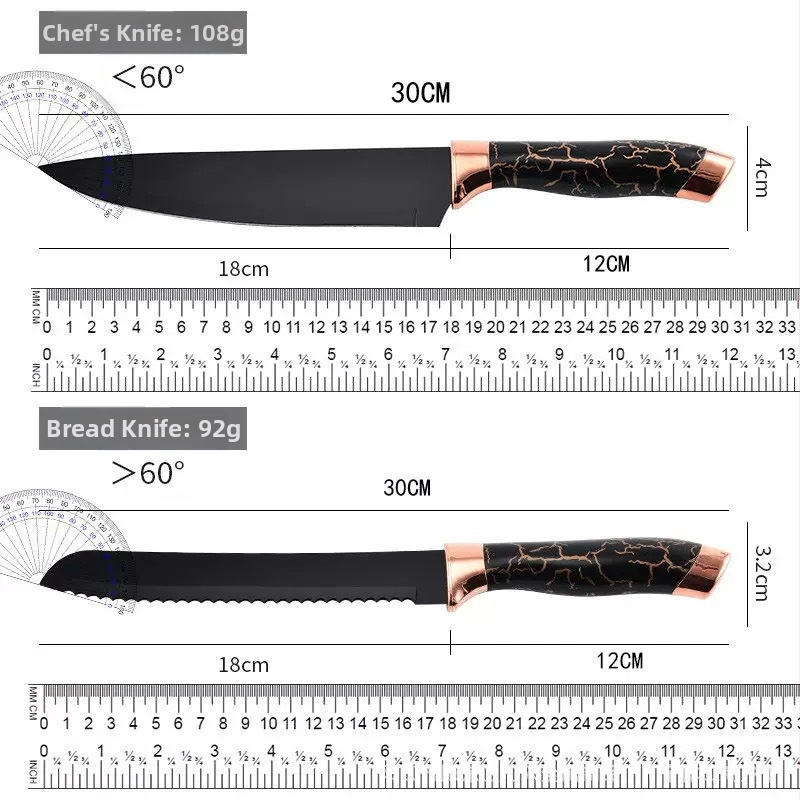 Deväťdielny nerezový set kuchynských nožov s mramorovým vzorom čepele (3Cr13)