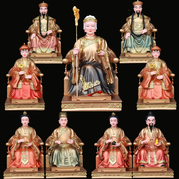 Buddha socha z živice s čínskym remeselným spracovaním, s figúrami Hu San Tai Ye a Hu San Tai Ni