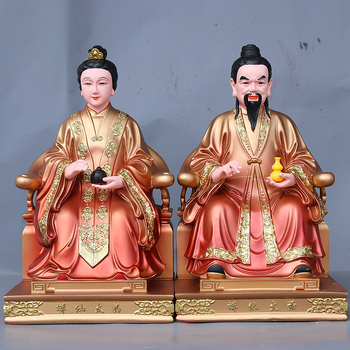 Buddha socha z živice s čínskym remeselným spracovaním, s figúrami Hu San Tai Ye a Hu San Tai Ni