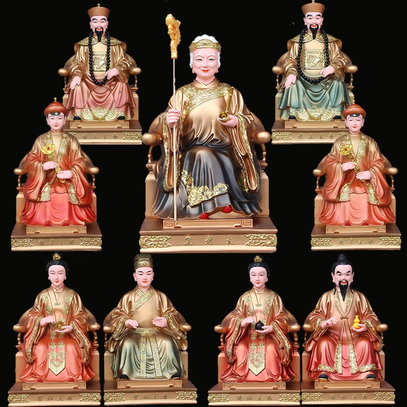 Buddha socha z živice s čínskym remeselným spracovaním, s figúrami Hu San Tai Ye a Hu San Tai Ni