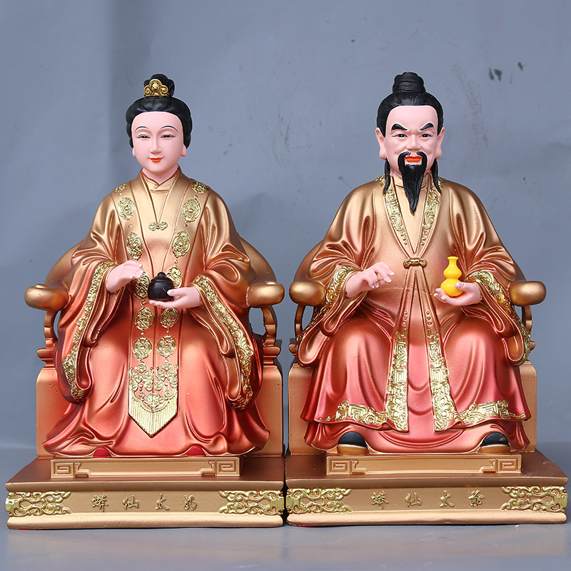 Buddha socha z živice s čínskym remeselným spracovaním, s figúrami Hu San Tai Ye a Hu San Tai Ni