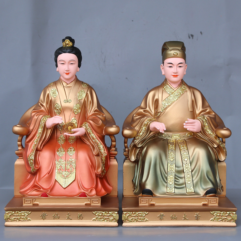 Buddha socha z živice s čínskym remeselným spracovaním, s figúrami Hu San Tai Ye a Hu San Tai Ni