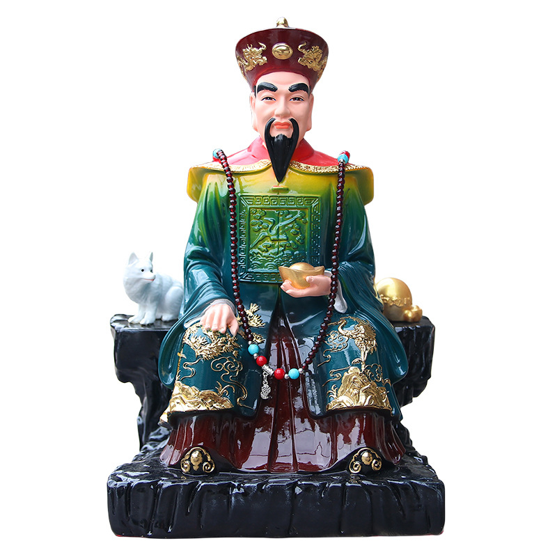 Buddha socha z živice s čínskym remeselným spracovaním, s figúrami Hu San Tai Ye a Hu San Tai Ni