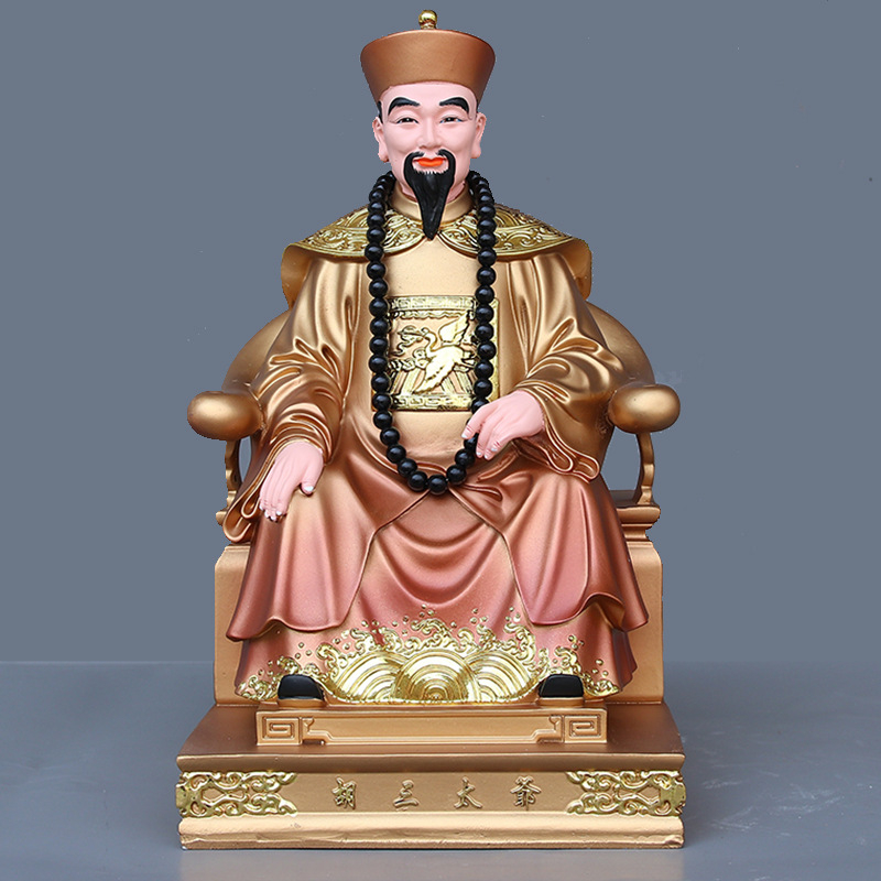 Buddha socha z živice s čínskym remeselným spracovaním, s figúrami Hu San Tai Ye a Hu San Tai Ni