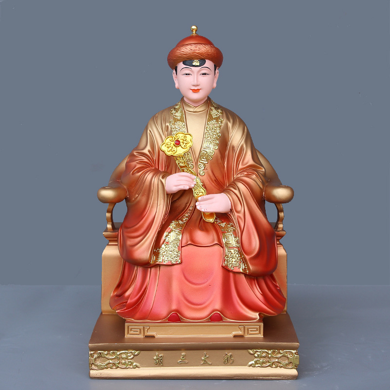 Buddha socha z živice s čínskym remeselným spracovaním, s figúrami Hu San Tai Ye a Hu San Tai Ni