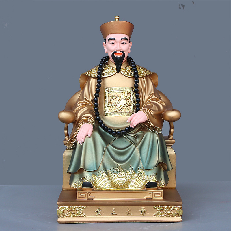 Buddha socha z živice s čínskym remeselným spracovaním, s figúrami Hu San Tai Ye a Hu San Tai Ni