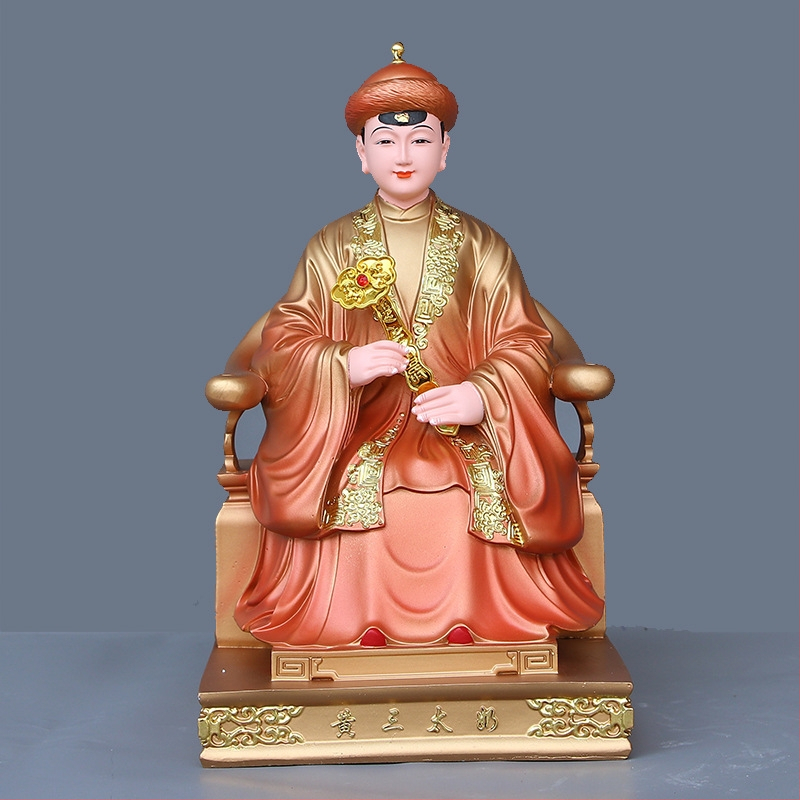 Buddha socha z živice s čínskym remeselným spracovaním, s figúrami Hu San Tai Ye a Hu San Tai Ni