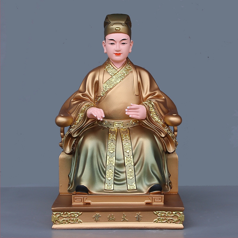 Buddha socha z živice s čínskym remeselným spracovaním, s figúrami Hu San Tai Ye a Hu San Tai Ni