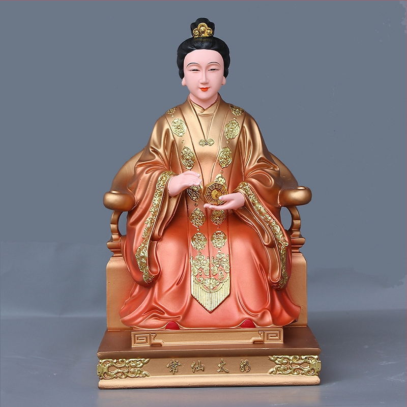 Buddha socha z živice s čínskym remeselným spracovaním, s figúrami Hu San Tai Ye a Hu San Tai Ni