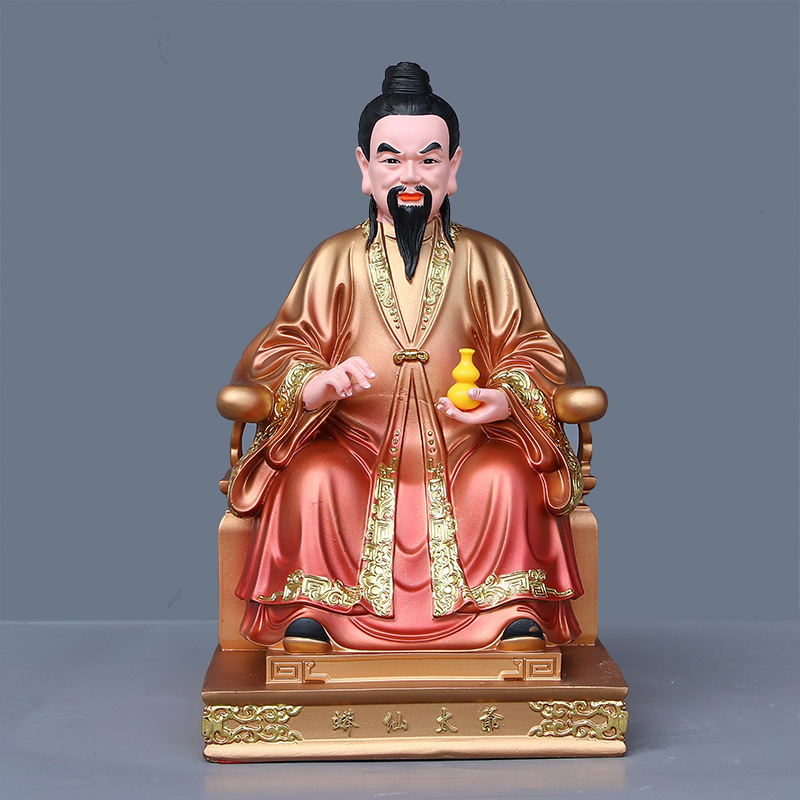 Buddha socha z živice s čínskym remeselným spracovaním, s figúrami Hu San Tai Ye a Hu San Tai Ni