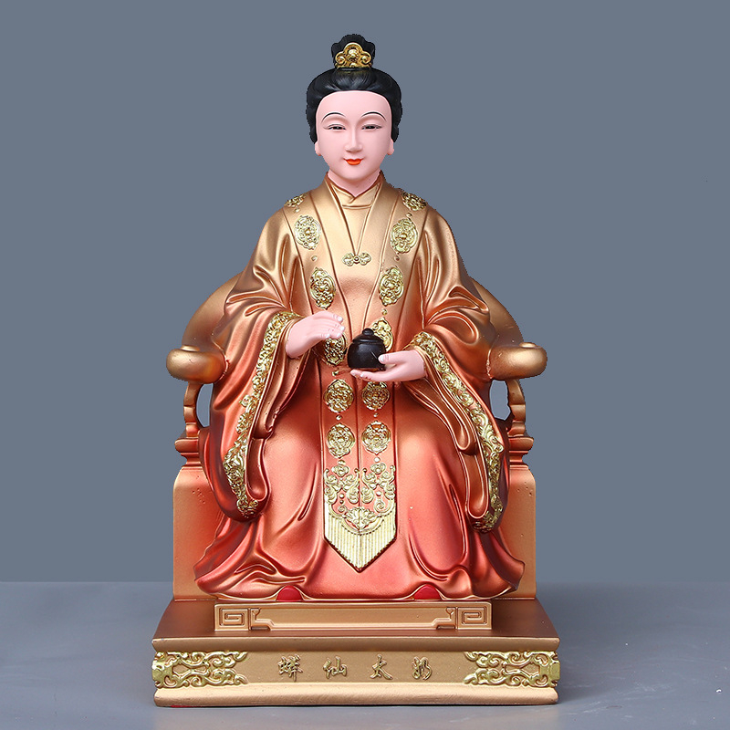 Buddha socha z živice s čínskym remeselným spracovaním, s figúrami Hu San Tai Ye a Hu San Tai Ni
