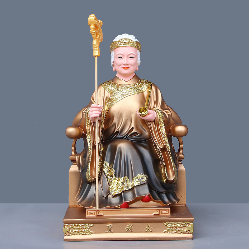 Buddha socha z živice s čínskym remeselným spracovaním, s figúrami Hu San Tai Ye a Hu San Tai Ni