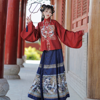 Ming dinastija Hanfu za žene, proljeće–jesen, komplet s horse-face suknjom, stojeći ovratnik, prednje kopčanje, svakodnevno nošenje, jesenski kineski stil