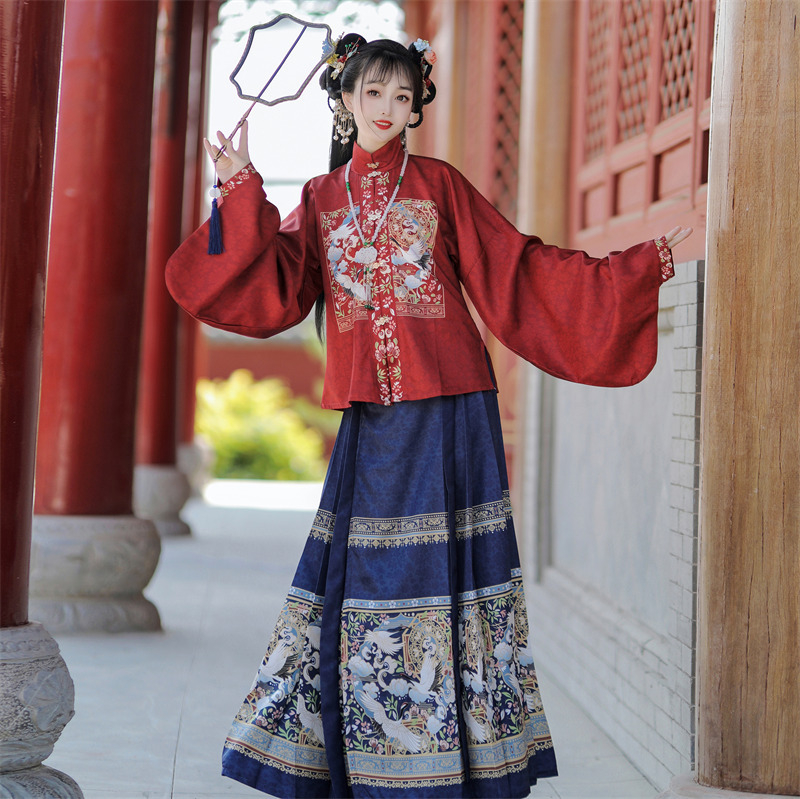 Ming dinastija Hanfu za žene, proljeće–jesen, komplet s horse-face suknjom, stojeći ovratnik, prednje kopčanje, svakodnevno nošenje, jesenski kineski stil