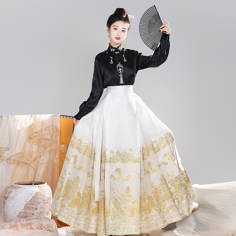 Nova originalna Hanfu suknja sa zlatom i srebrom, dizajn konjske glave, jacquard vezenje, kineski stil