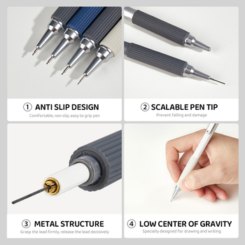 Kovový mechanický ceruzka 0.5 mm s ergonómickým dizajnom nízkeho ťažiska a tlačidlovým posúvaním grafitu