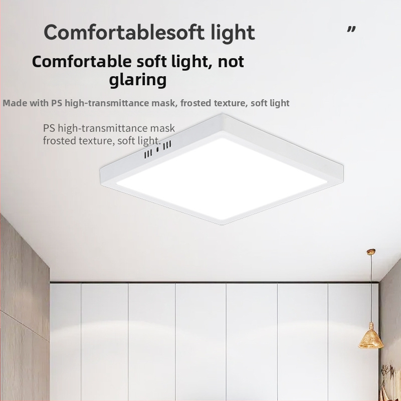 Ultra tenký povrchovo montovaný LED panel svetlo so tri farebné odtiene, integrovaný do stropu pre chodby a kancelárie.