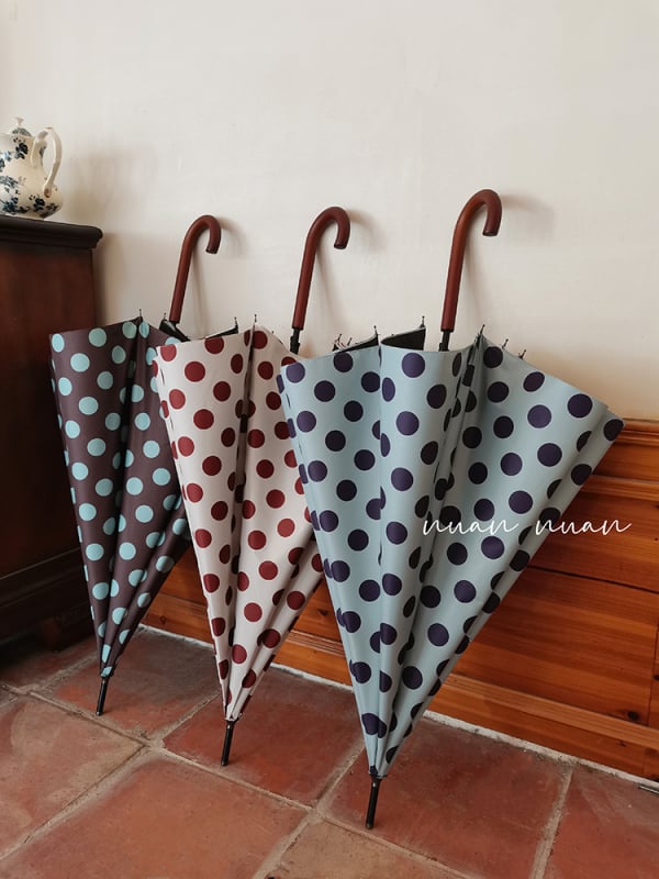 Ženski kišobran s dugom drškom, retro stil s velikim točkama na polka, prav štap, ojačan, otporan na vjetar, dvostruka upotreba za sunce i kišu, UV zaštita, automatsko sjenilo