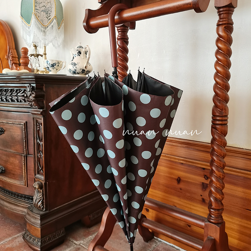 Ženski kišobran s dugom drškom, retro stil s velikim točkama na polka, prav štap, ojačan, otporan na vjetar, dvostruka upotreba za sunce i kišu, UV zaštita, automatsko sjenilo