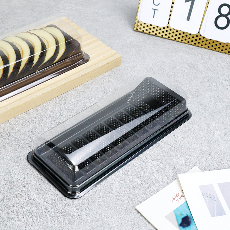 Trapezoidálna krabica na balenie koláčových rolov pre dlhé Swiss rolky, rolky s tigrom vzorom, sushi rolky, nakrájané plátky, priehľadná plastová krabička na pečivo