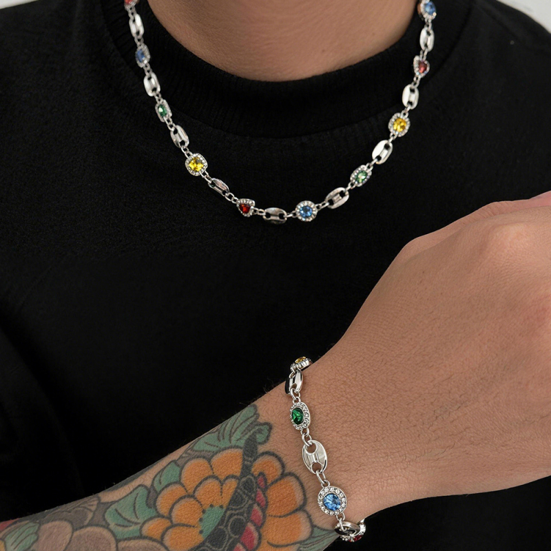 Muški set ogrlice i narukvice sa šarenom zatvaračem u obliku svinjskog nosa, ručno izrađeni rhinestones nakit, geometrijski dizajn, duljina do 50 cm