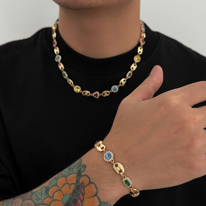 Muški set ogrlice i narukvice sa šarenom zatvaračem u obliku svinjskog nosa, ručno izrađeni rhinestones nakit, geometrijski dizajn, duljina do 50 cm
