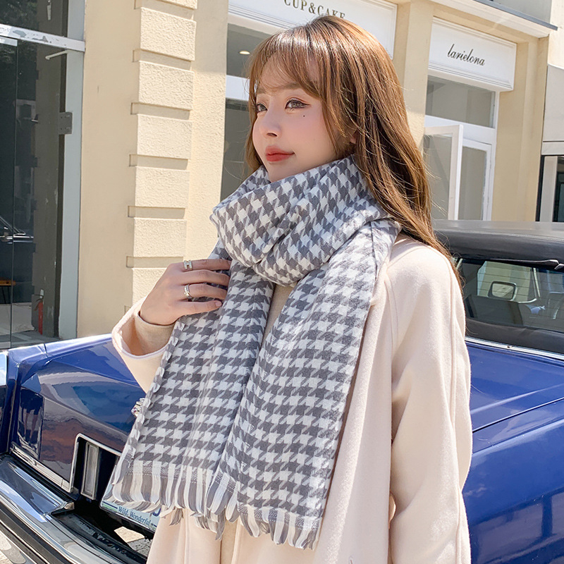 Női sál houndstooth mintával, 2025 koreai stílusú, szövött sál, meleg és vastag téli viselet, poliészter
