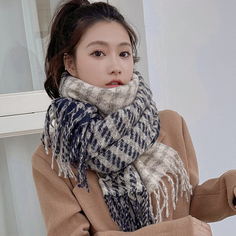 Női sál houndstooth mintával, 2025 koreai stílusú, szövött sál, meleg és vastag téli viselet, poliészter