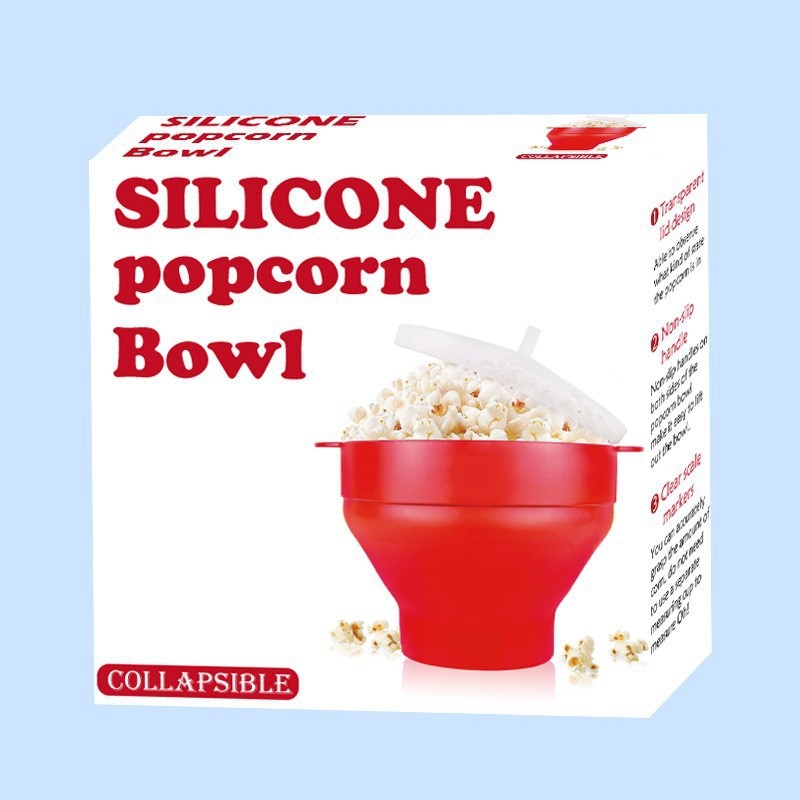 Silikónový kôš na popcorn do mikrovlnky s držiakom, skladacia misa s vekom
