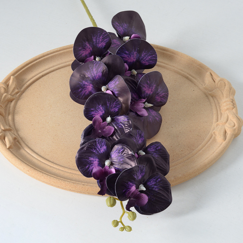 Kytica umelej orchide Phalaenopsis s deväť hlavičkami, luxusná dekorácia do domova, hotela a svadby, rekvizity pre fotografovanie
