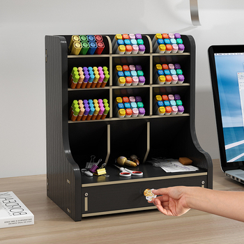 Desktop DIY skrinka na perá a úložná krabička – viacúčelový organizér kancelárskych potrieb s veľkou kapacitou, drevený stojan na perá pre študentov