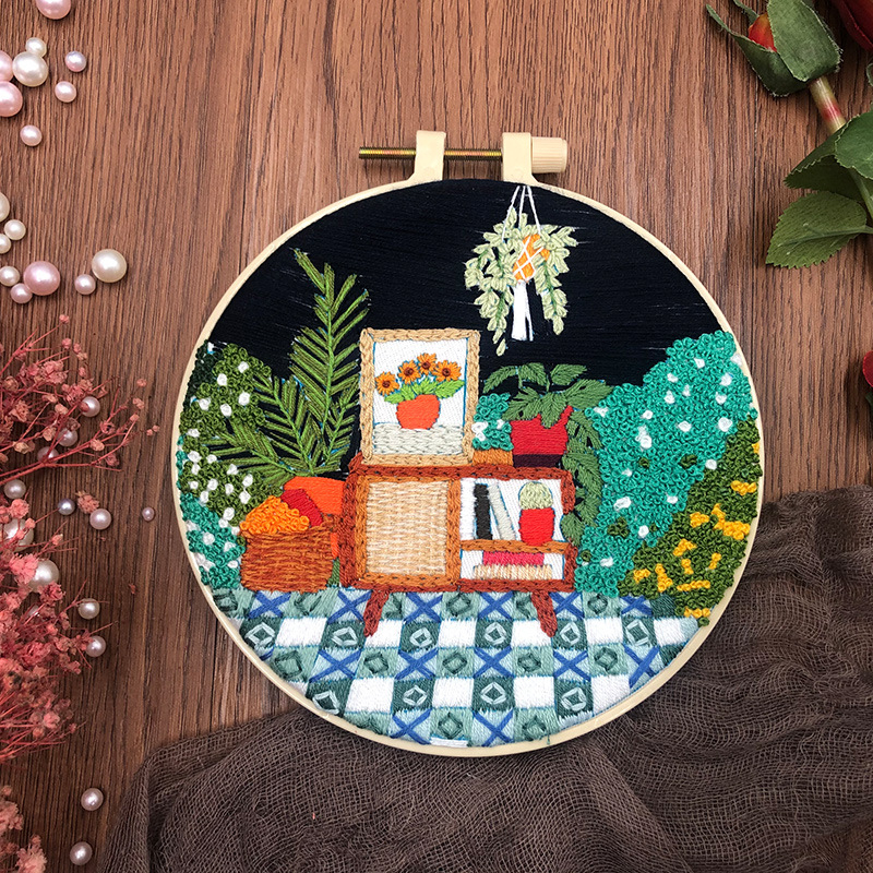 DIY set na vyšívanie s krajinou na látke, materiály a návod sú súčasťou