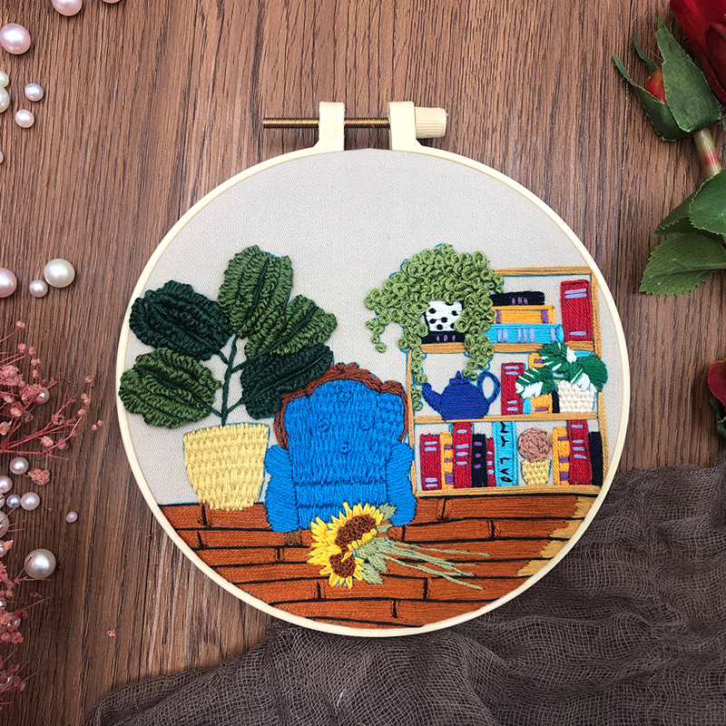 DIY set na vyšívanie s krajinou na látke, materiály a návod sú súčasťou