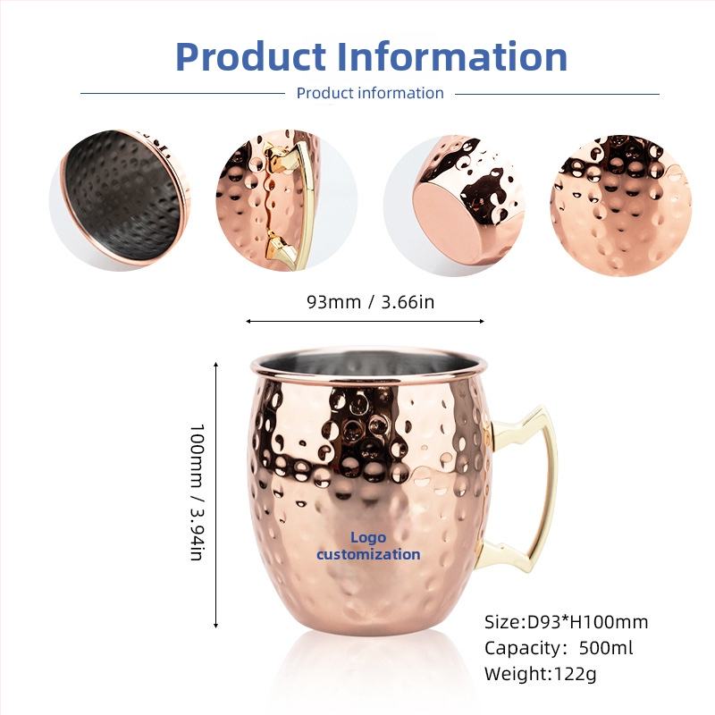 Pohár Moscow Mule s meďou potiahnutým povrchom, nerezová oceľ, koktailový pohár 400–500 ml
