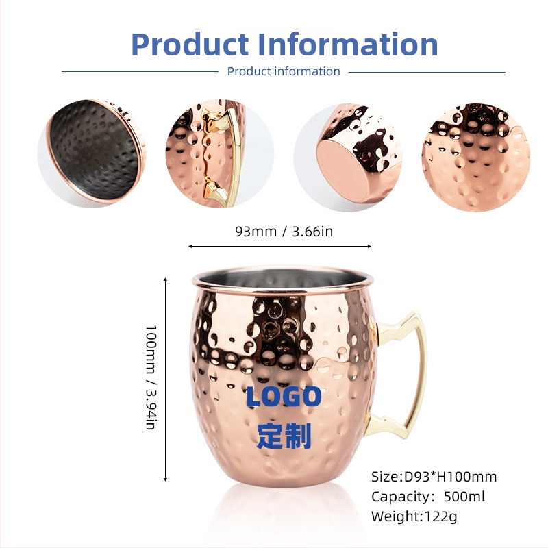 Pohár Moscow Mule s meďou potiahnutým povrchom, nerezová oceľ, koktailový pohár 400–500 ml