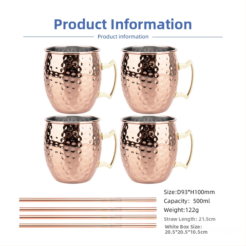 Pohár Moscow Mule s meďou potiahnutým povrchom, nerezová oceľ, koktailový pohár 400–500 ml