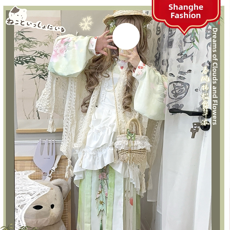 Hanfu pre ženy so zmesou čínskeho a západného štýlu, rukávy Pipa, sukňa Mamian a Lolita prekrytie, denný roztomilý štýl