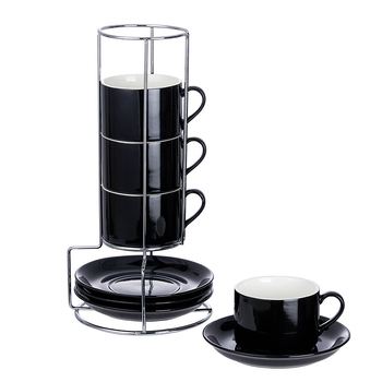 Sada keramických šálok na kávu a podšálok v európskom štýle, 4 kusy, so stojanom na stohovanie, s potlačou loga