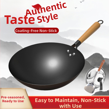 Tradičný železný wok bez povlaku, nerezová oceľ, vhodný na plynový varič, priemer 30–36 cm