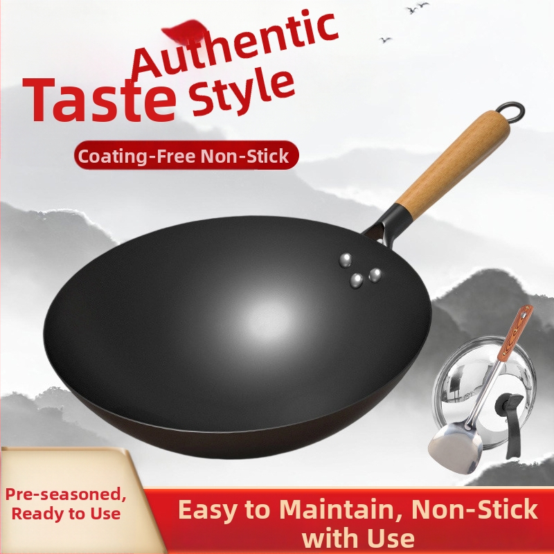 Tradičný železný wok bez povlaku, nerezová oceľ, vhodný na plynový varič, priemer 30–36 cm