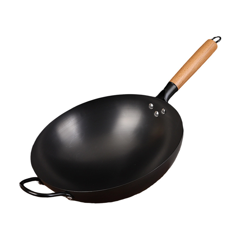 Tradičný železný wok bez povlaku, nerezová oceľ, vhodný na plynový varič, priemer 30–36 cm