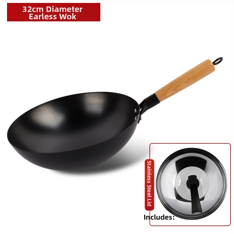 Tradičný železný wok bez povlaku, nerezová oceľ, vhodný na plynový varič, priemer 30–36 cm