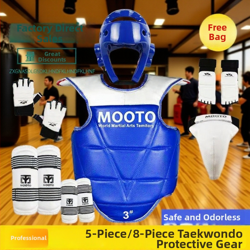 Taekwondo ochranné pomôcky pre deti – sada 5 alebo 8 dielov s ochrannami hlavy, pása, lakťa, lýtka, ramena, kolena a členka