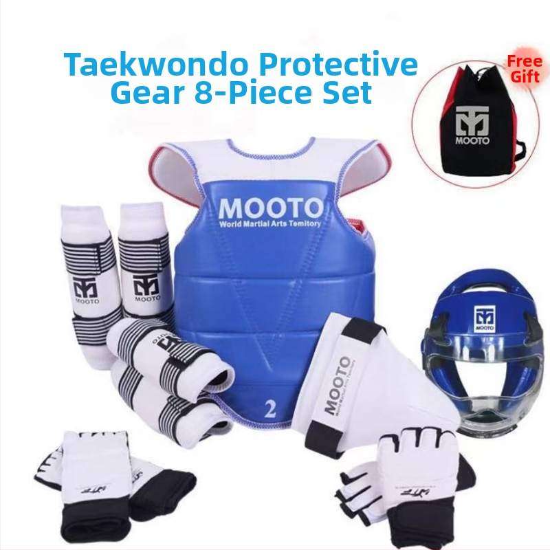 Taekwondo ochranné pomôcky pre deti – sada 5 alebo 8 dielov s ochrannami hlavy, pása, lakťa, lýtka, ramena, kolena a členka