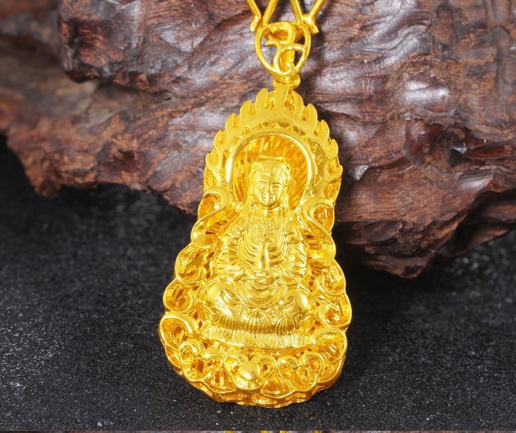 Muški ogrlicu s uvijenim lancem od mesinga, pozlaćeni privjesak Guanyin Buda s dutim dizajnom, pijesak-zlata boja