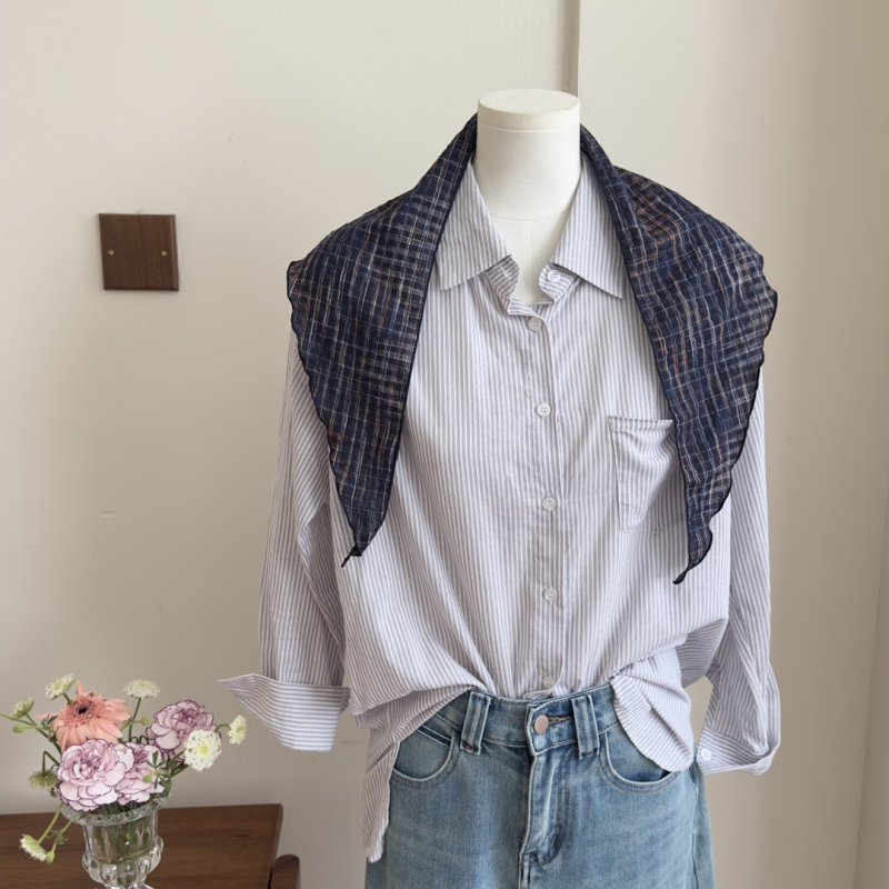 Plavi plosnati šal od lana i pamuka, kariranog uzorka, vintage stil, unisex