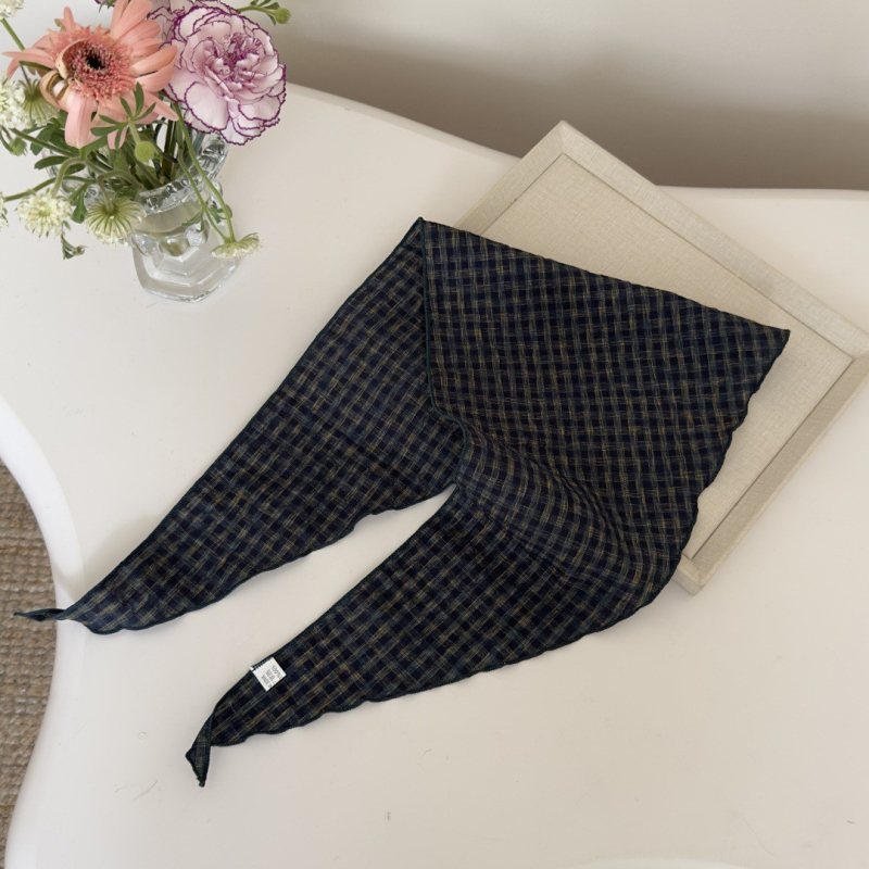 Plavi plosnati šal od lana i pamuka, kariranog uzorka, vintage stil, unisex